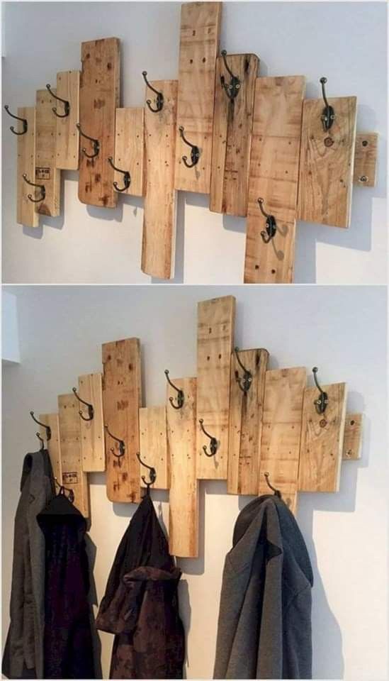 two pictures of coat racks made out of wooden pallets and hooks on the wall