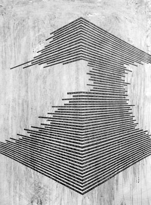 an abstract black and white drawing on wood with lines in the shape of a house