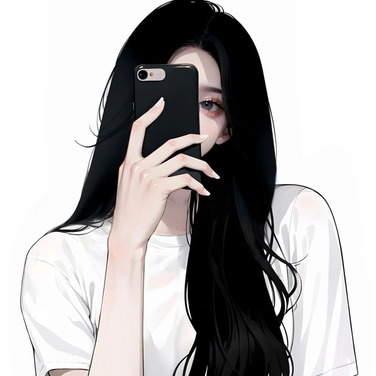 a woman with long black hair holding up her phone