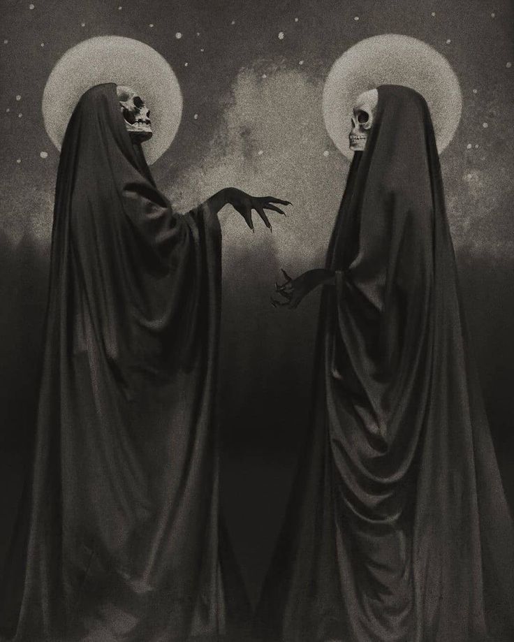 two skeletons dressed in black standing next to each other