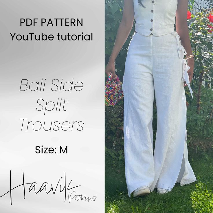 a woman in white jumpsuits with text overlay that reads ball side split trousers size m