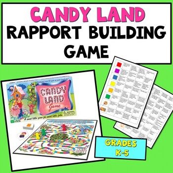 the candy land rapport building game is shown in front of a green background with two pictures