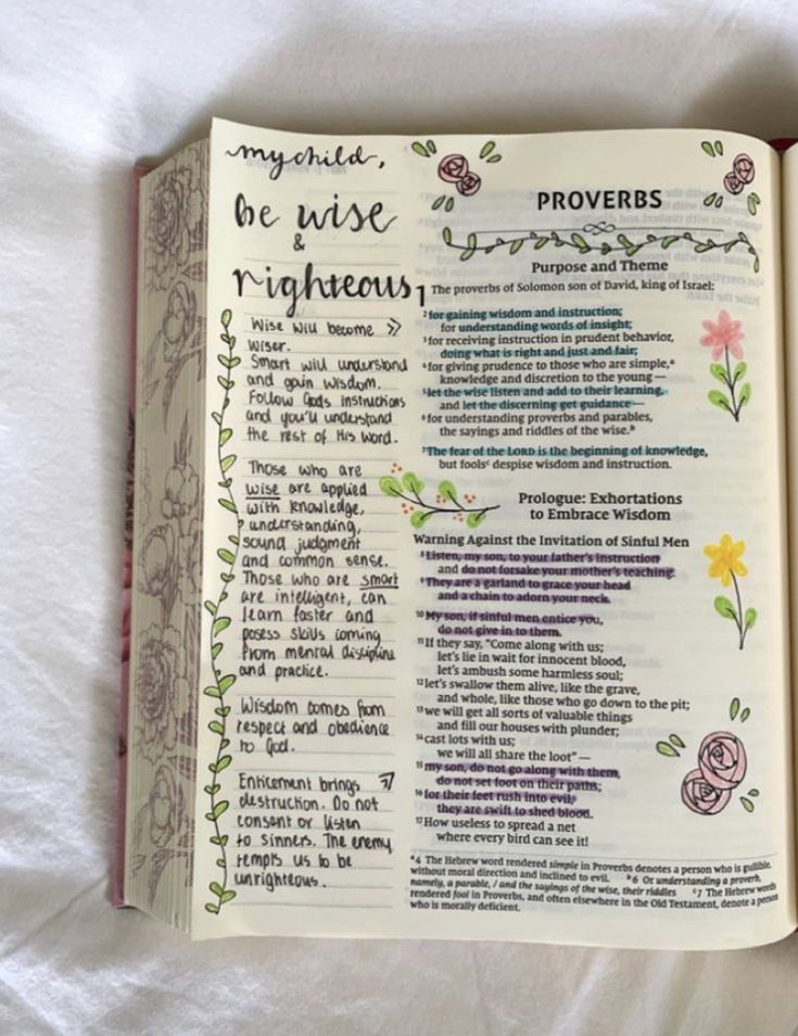 an open bible with the words prove and righteous written in floral designs on it's pages