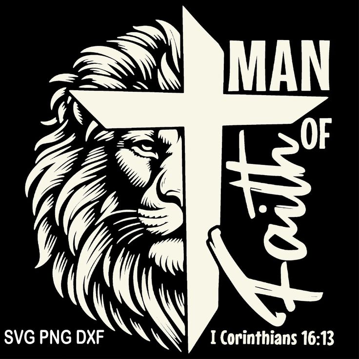 a cross with a lion on it and the words man of christ written in white