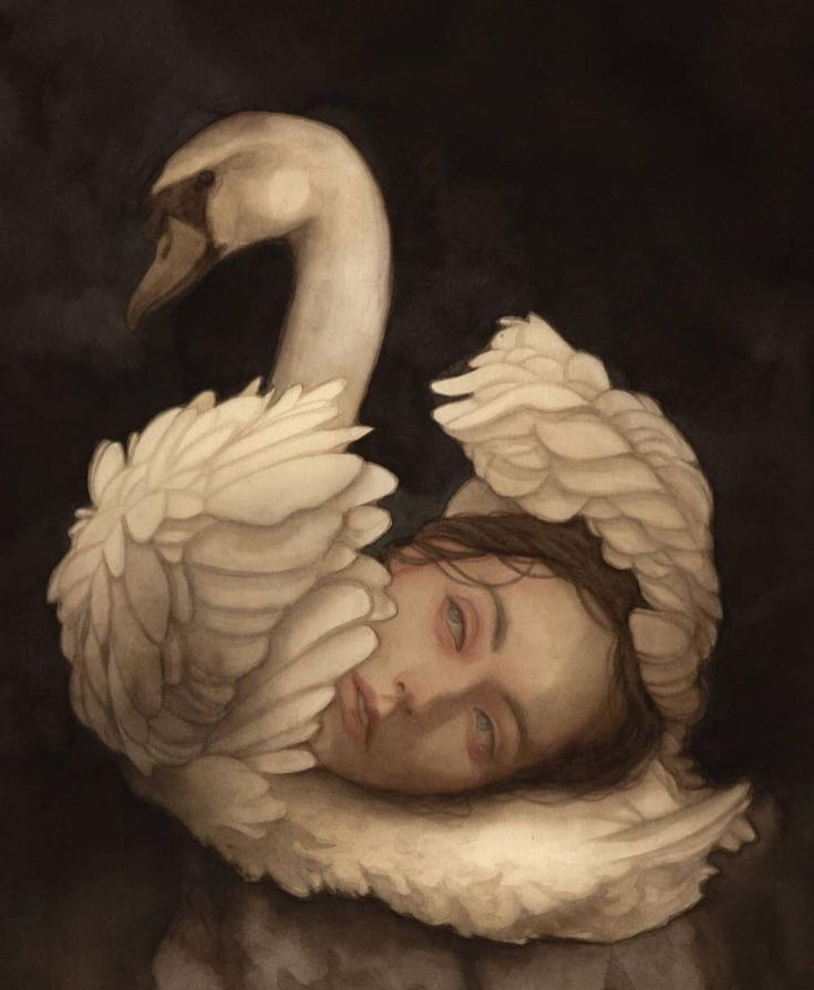 a painting of a man laying on top of a swan's back with its wings spread