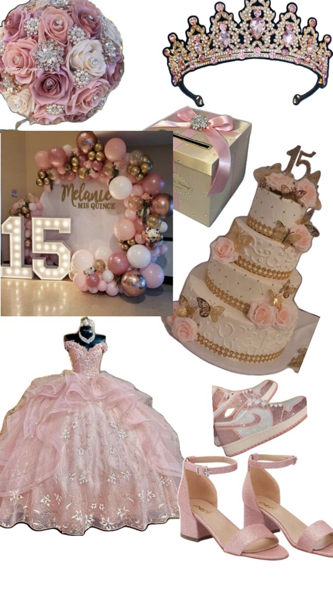 a collage of pink and white items including a tiara, dress, shoes, cake, bracelets, crown