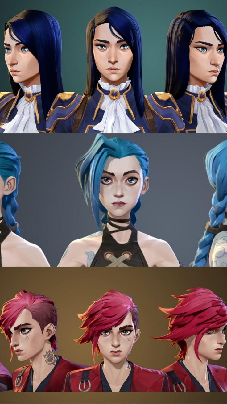 several different images of the same person with blue hair