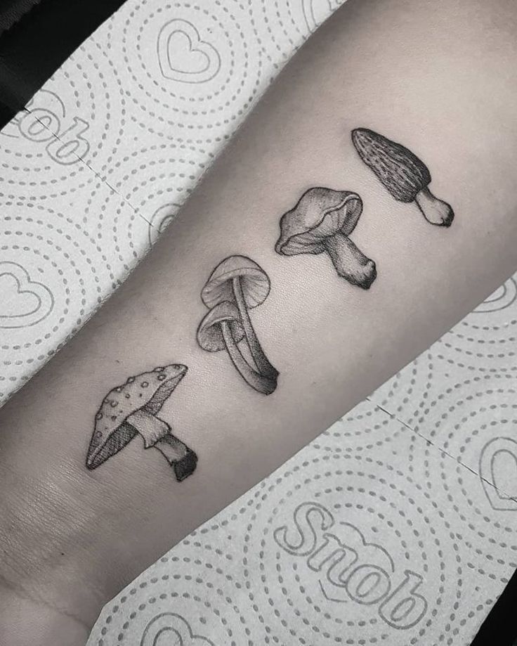 a person with a tattoo on their arm that has three different types of mushrooms on it