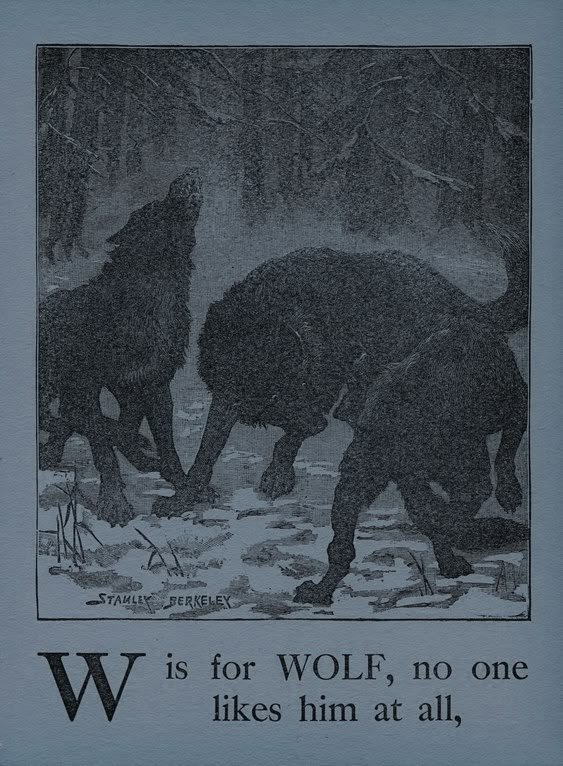 an image of two wolfs in the woods with words written below them that read w is for wolf, no one likes him at all