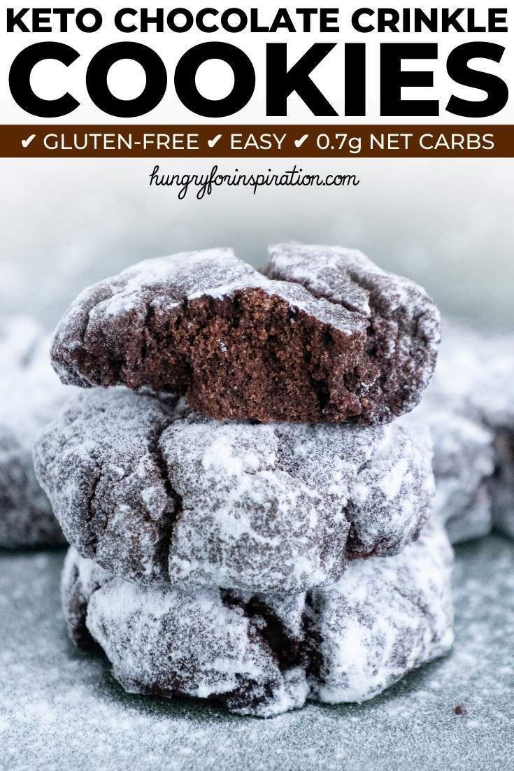 chocolate crinkle cookies stacked on top of each other with text overlay reading keto chocolate crinkle cookies gluten - free easy and easy