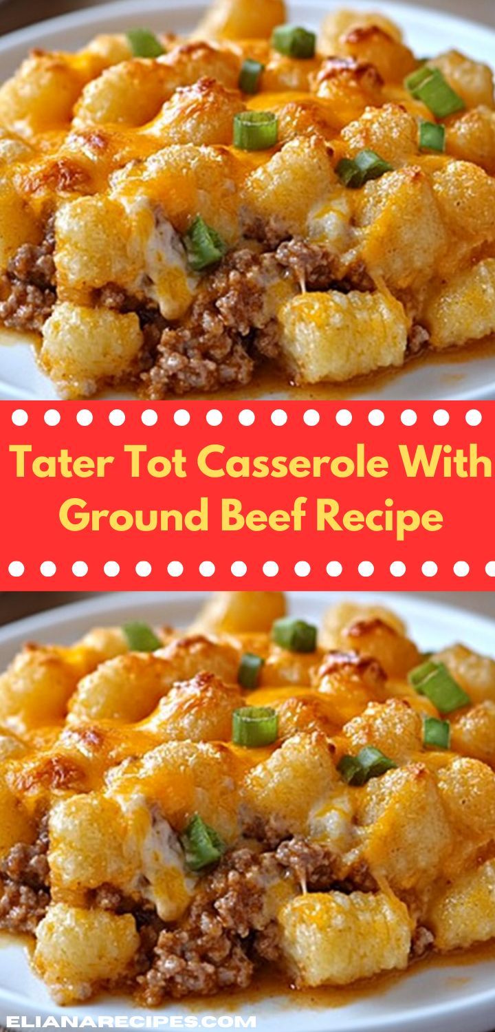 tater tot casserole with ground beef recipe on a white plate topped with green onions