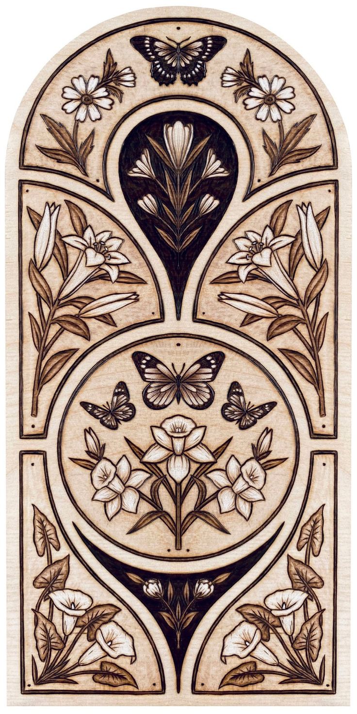 an intricately designed wooden plaque with flowers and butterflies