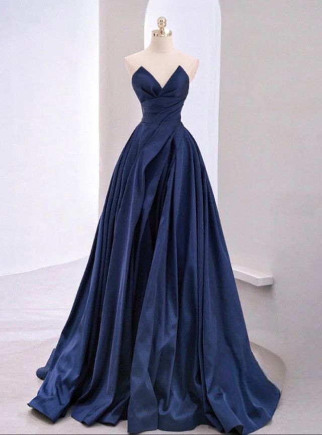 Navy Ball Gown, Ball Attire, Blue Satin Prom Dress, Navy Blue Evening Gown, Moon Dresses, Long Party Dress, Blue Evening Gowns, V Neck Prom Dresses, Evening Dress Floor Length