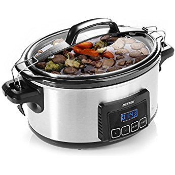 an electric pressure cooker filled with food on top of a white background, showing the digital display