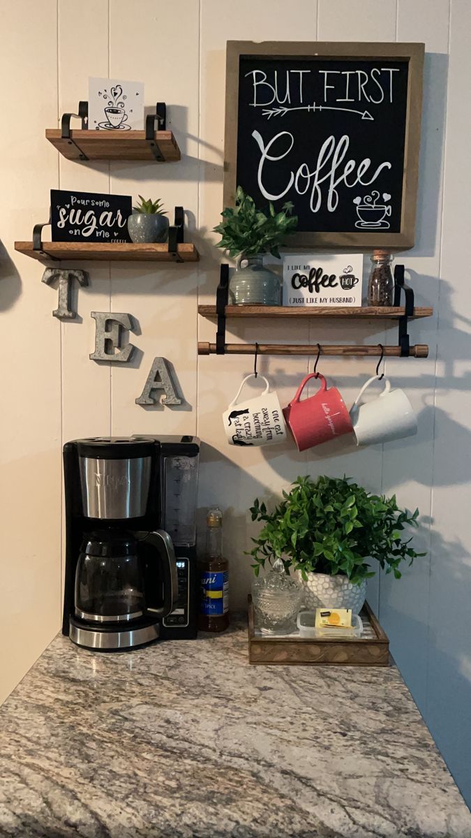 the coffee bar is decorated with wooden shelves and chalkboard signs on the wall above it