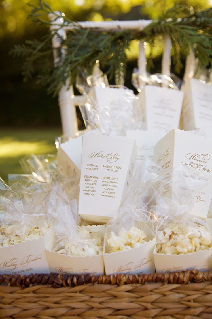 small boxes filled with popcorn sitting on top of a wicker basket next to pine branches