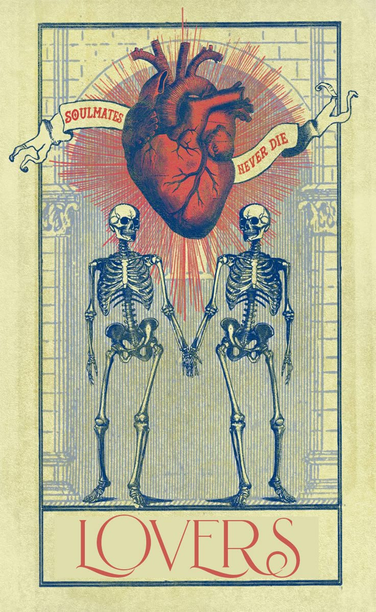 two skeletons standing next to each other in front of a red heart and the words lovers