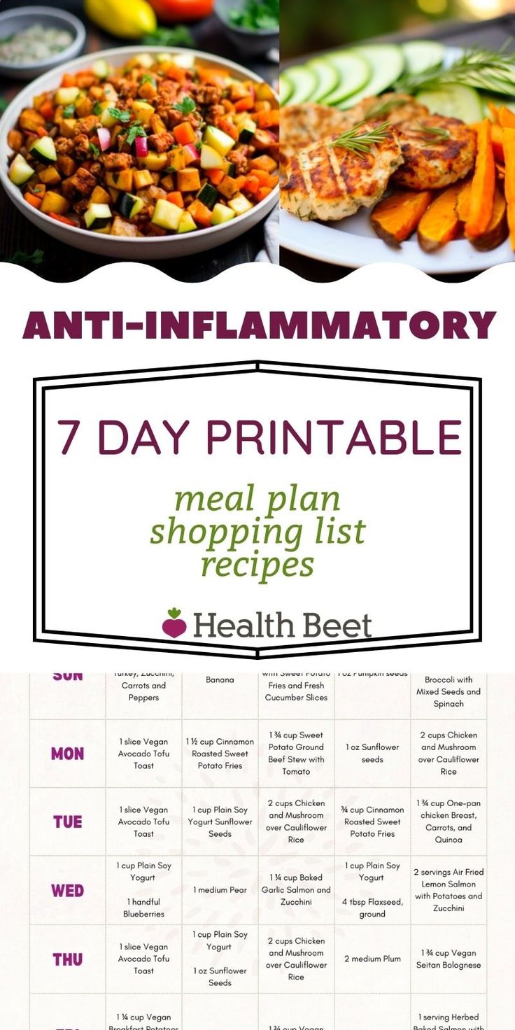 the 7 day printable meal plan is shown in front of a table full of food