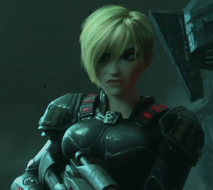 a woman with blonde hair and armor standing in front of a dark background, looking at the camera