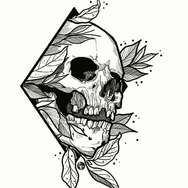 a black and white drawing of a skull with leaves on it's head, in the shape of a diamond