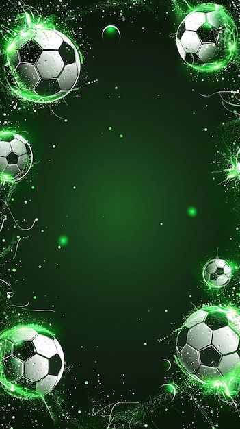 soccer balls in the air with green and white swirls around them on a black background