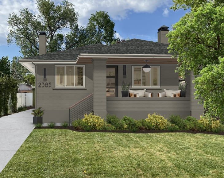 a rendering of a small gray house in the middle of a yard with trees and bushes