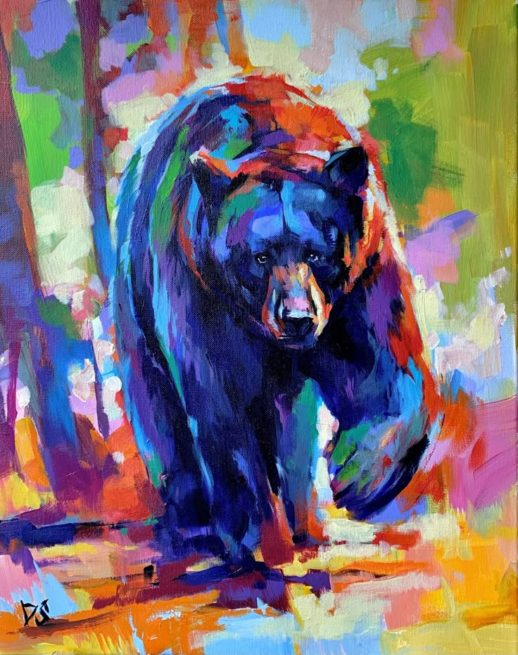 a painting of a black bear walking in the woods with colorful paint on it's face