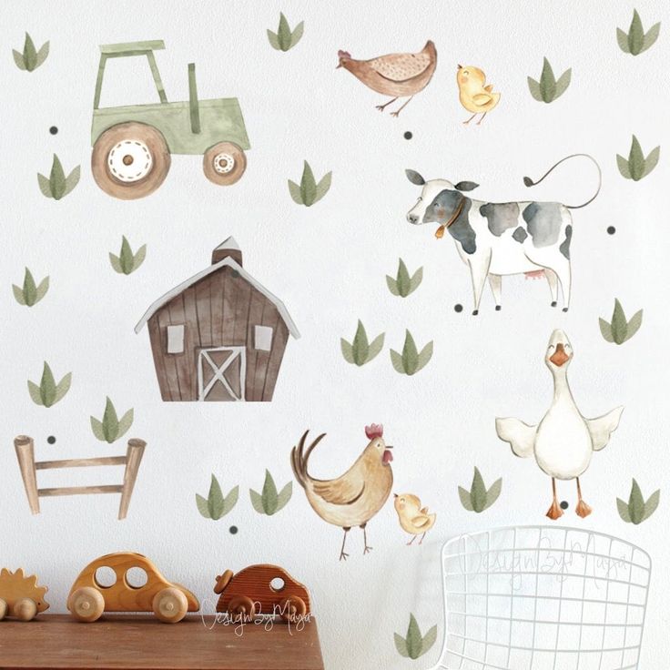 the farm animals are painted on the wall in this child's room, along with toys