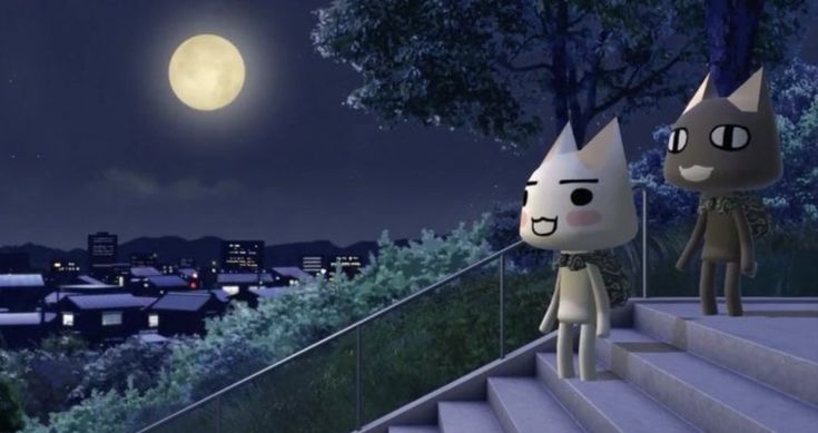 two cartoon cats are standing on some steps at night with the moon in the background