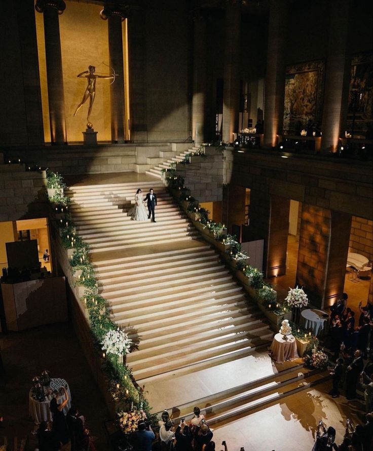 Entrance Wedding decor Wedding Stairs, Museum Wedding Venues, Art Museum Wedding, Plan A Wedding, Philadelphia Museums, Wedding Venue Decorations, Floral Event Design, Philadelphia Museum Of Art, Future Wedding Plans