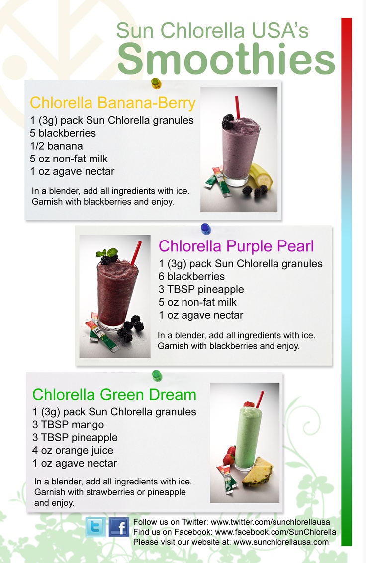 Original smoothie recipes from Sun Chlorella USA! Chlorella Smoothie Recipes, Chlorella Recipe, Chlorella Smoothie, Healthy Low Calorie Breakfast, Banana Drinks, Low Calorie Breakfast, Juice Smoothies Recipes, Healthy Bacteria, Natural Health Tips