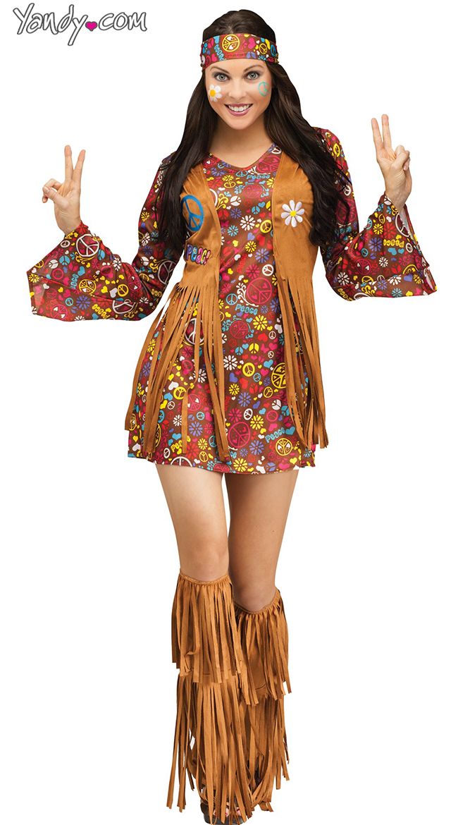 a woman dressed in a hippie costume