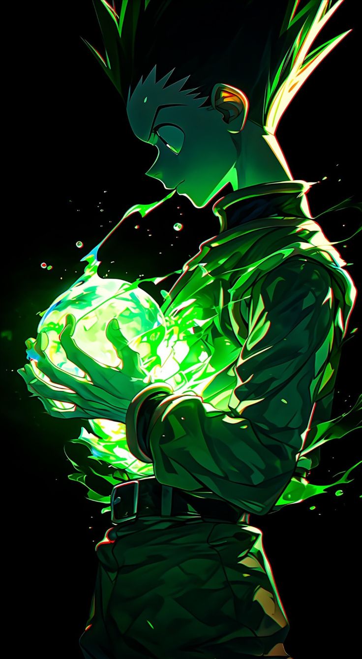 an anime character with green hair holding a glowing object in his hands and looking at the camera