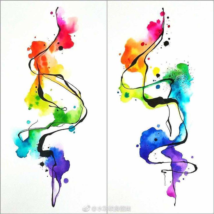 two paintings with different colors and shapes on white paper, one is painted in watercolor