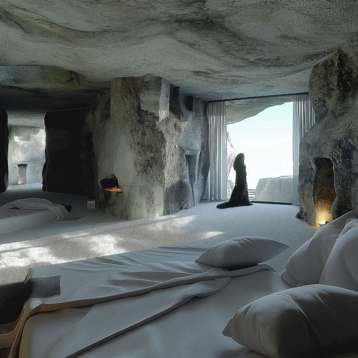 there is a bed with white sheets and pillows in the room that looks like a cave