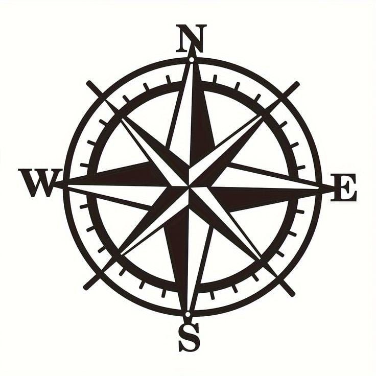 a black and white compass with the letter s in it's center, on a white background