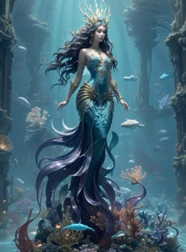 a beautiful mermaid with long hair standing in the ocean surrounded by fish and corals