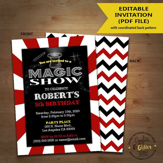 this is an image of a birthday party card for the magic show, with red and black chevrons