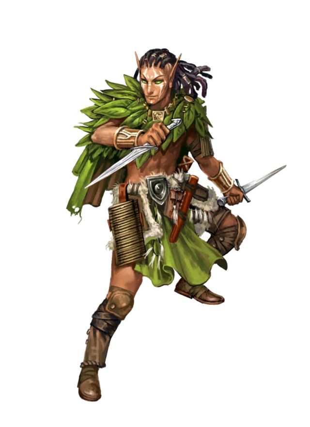 a man with dreadlocks holding two swords and wearing a green outfit, standing in front of a white background