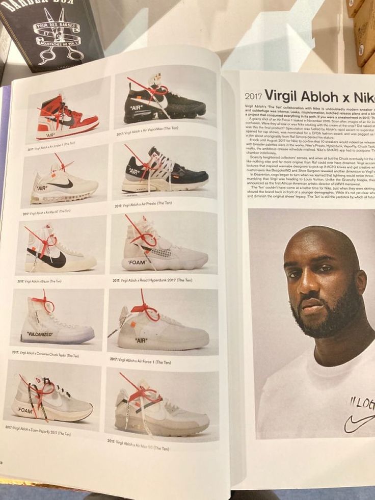 an open book with pictures of various shoes on it and the words, virili abloh x nike written in red