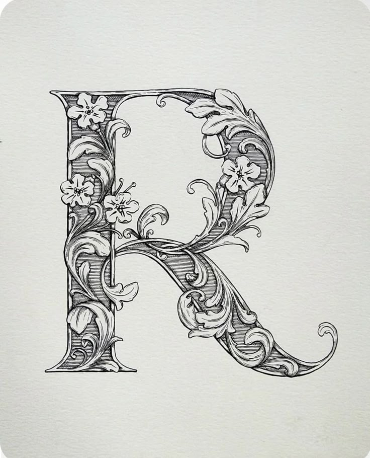 the letter r is decorated with flowers and leaves in black ink on a white paper