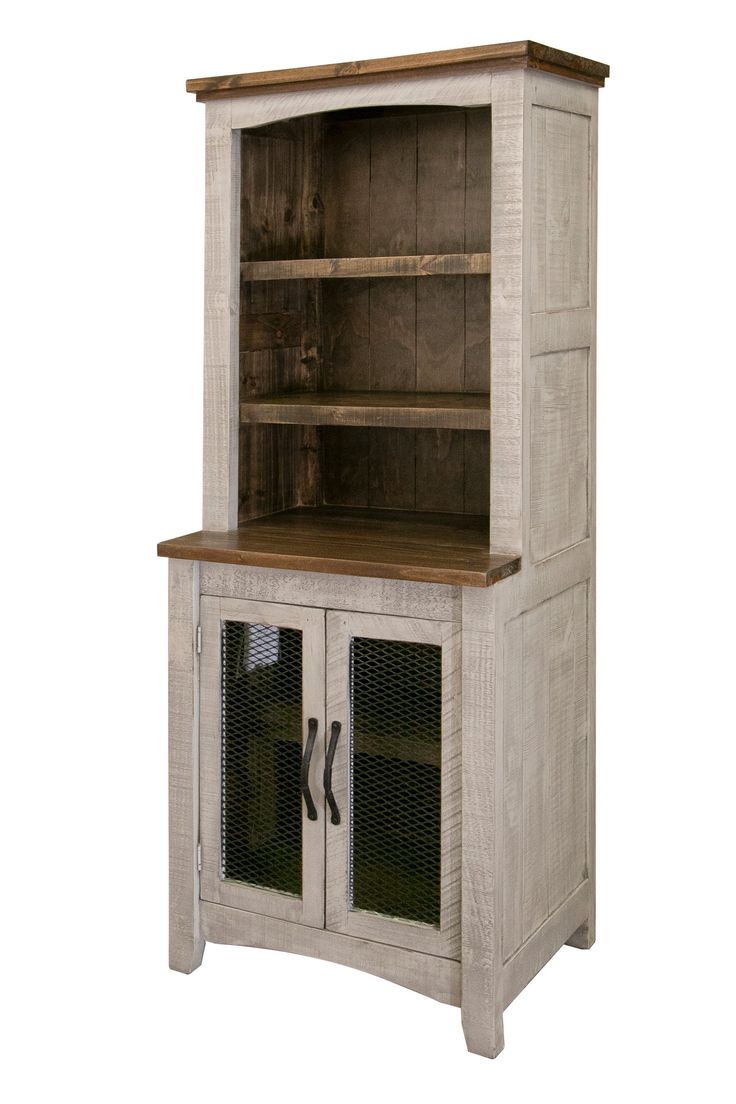 an old white cabinet with glass doors