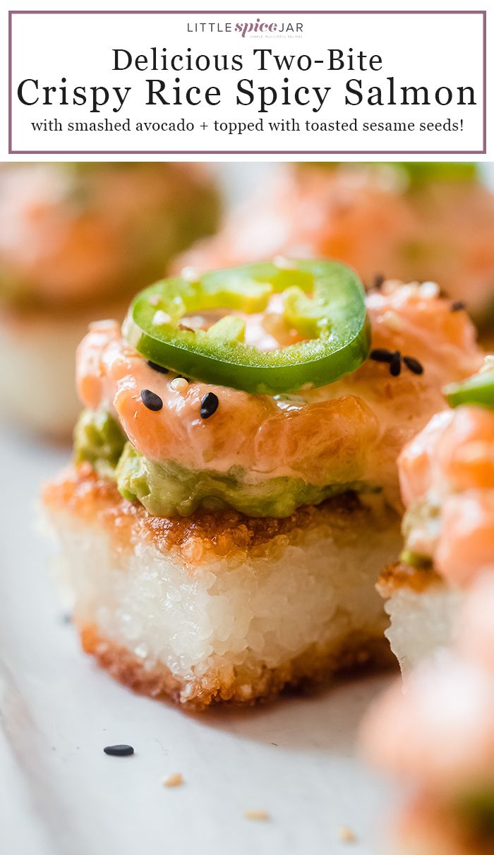 small appetizers are displayed on a plate with text that reads delicious two - bite crispy rice spicy salmon