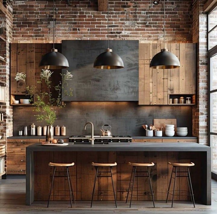 an industrial style kitchen with wooden cabinets and stools in front of the countertop