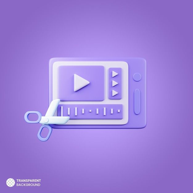 a purple background with scissors and a play button on the left side of the screen