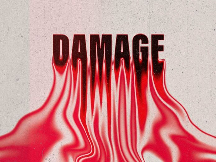 the word damage painted on a white wall with red and black paint flowing down it