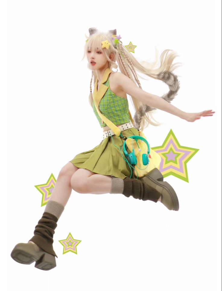 a woman dressed in green and yellow is flying through the air with her legs spread out