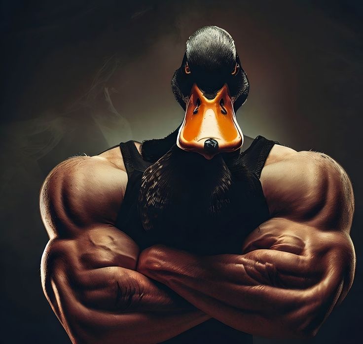 a man with a duck mask on holding his hands