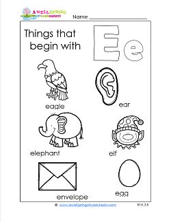 the letter e worksheet with pictures and words to help kids learn how to write