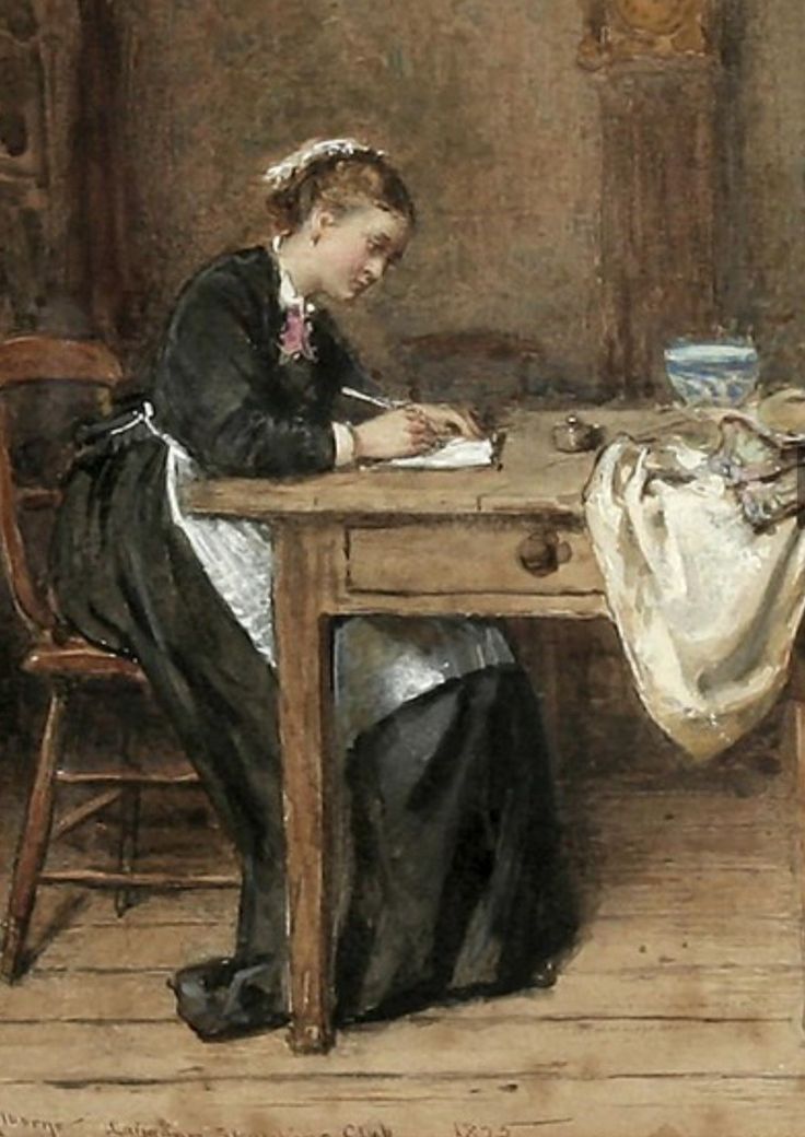 a painting of a woman sitting at a table writing